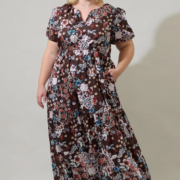 Sugarlips Dresses & Skirts - Sugarlips Brown Floral Maxi Dress with Puff Sleeves Size XL